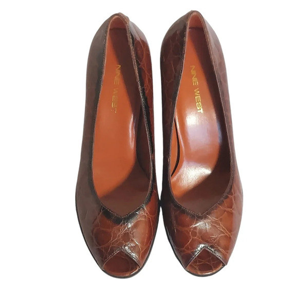 Nine West Cognac Alligator Embossed Leather Open Toe Heels Block Heel - Picture 3 of 15